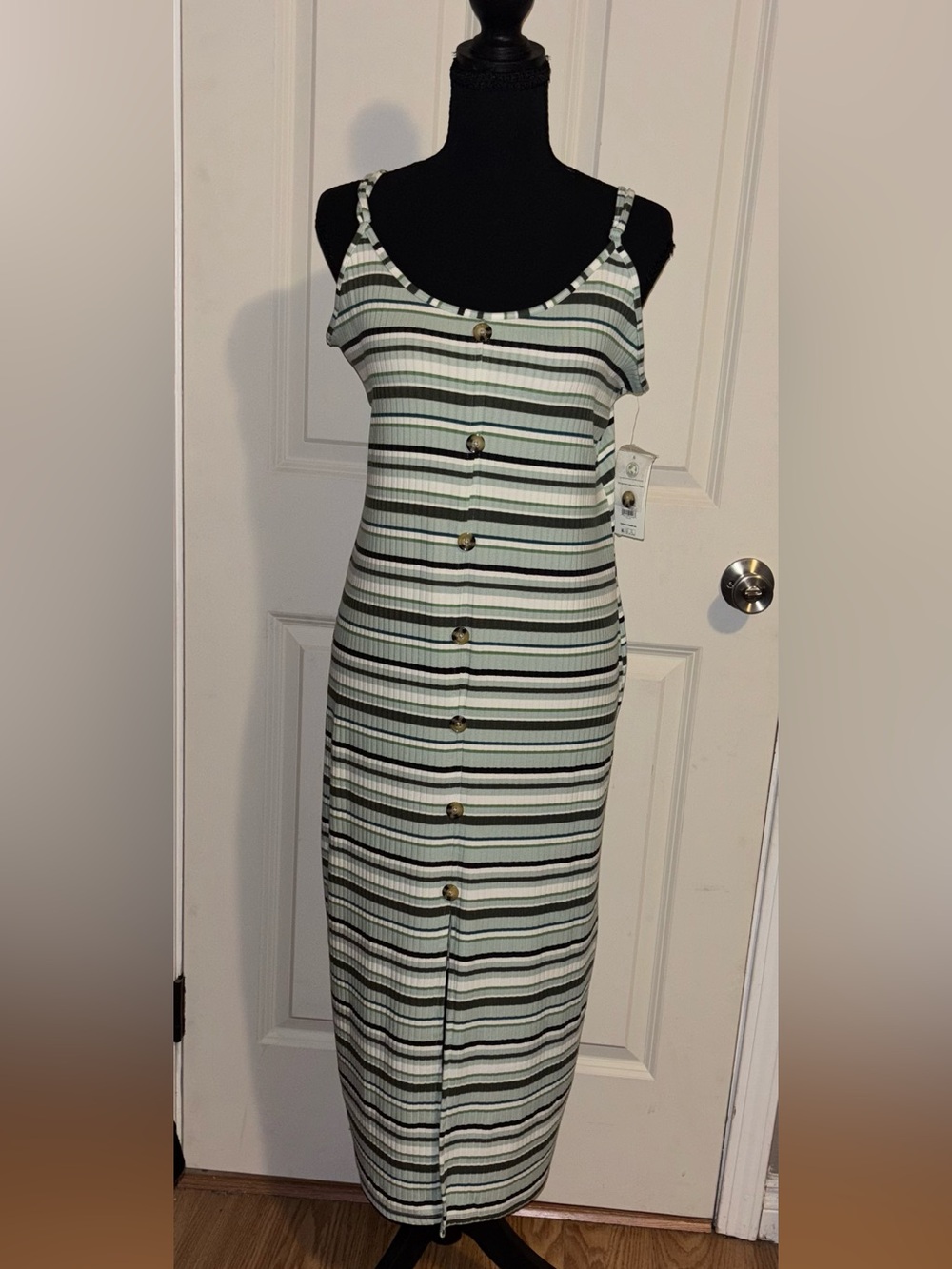 No Boundaries Sage, Black & White Striped Button-Front Midi Dress